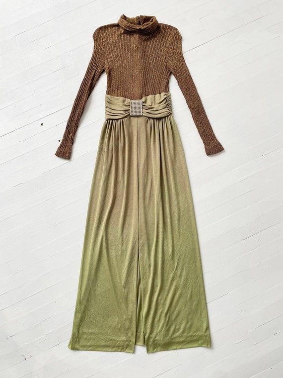 1970s Metallic Gold + Green Dress with Rhinestone… - image 3