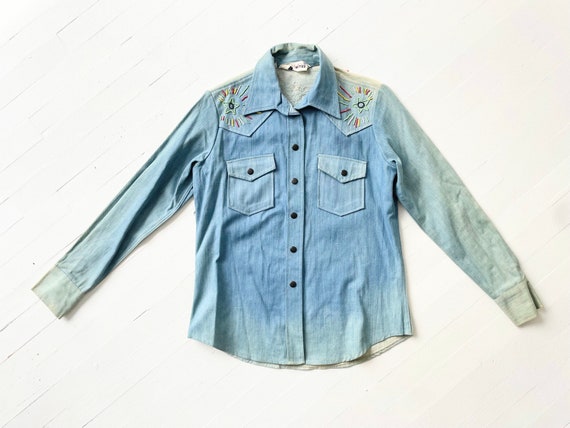 1970s Embroidered Beaded Blue Denim Shirt - image 6