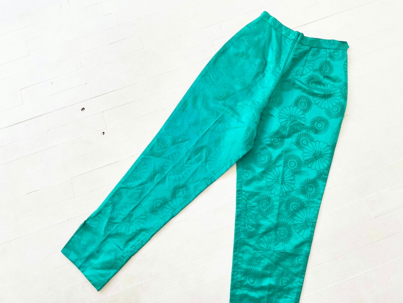 1960s Jade Floral Satin Cropped Pants image 1