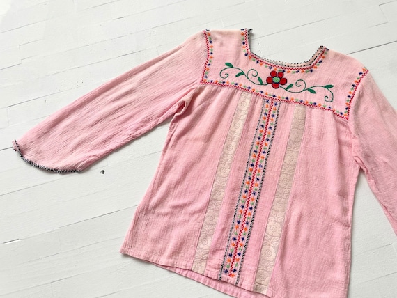 1970s Embroidered Pink Gauze Top - image 7