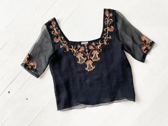 Vintage Embroidered Black Silk Blouse - image 3