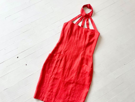 1980s Coral Linen Cage Neck Dress - image 1