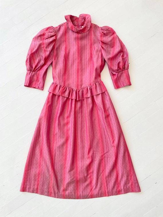 1980s Belle France Pink Striped Satin Prairie Dre… - image 3