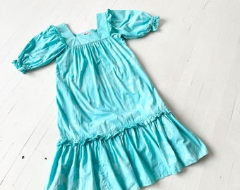1980s Blue Floral Trapeze Dress
