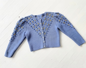 1980s does 1940s Cornflower Blue Embroidered Pom Pom Cardigan