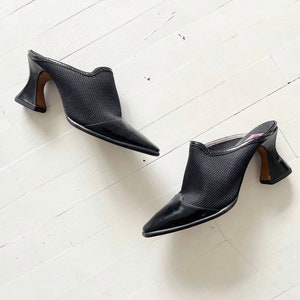 1990s Susan Bennis Warren Edwards Black Woven Patent Leather Mules