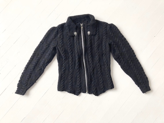 Vintage Black Cable Knit Zip Front Cardigan