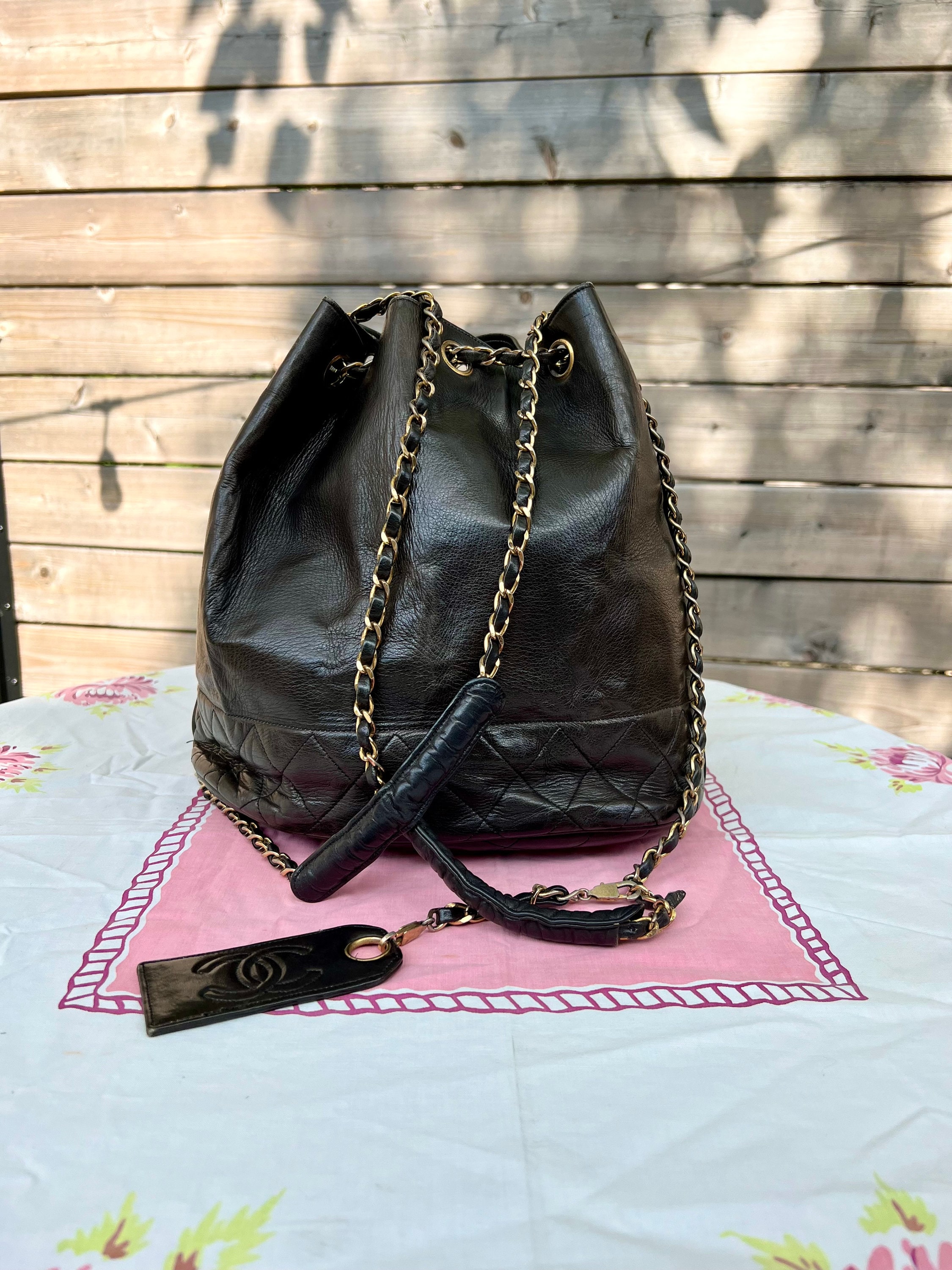Chanel Vintage Black Lambskin Drawstring Bucket Bag