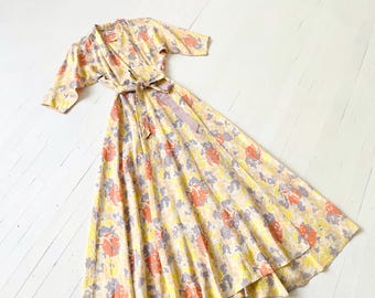 1940s Floral Lamb Rabbit + Bird Print Rayon Robe