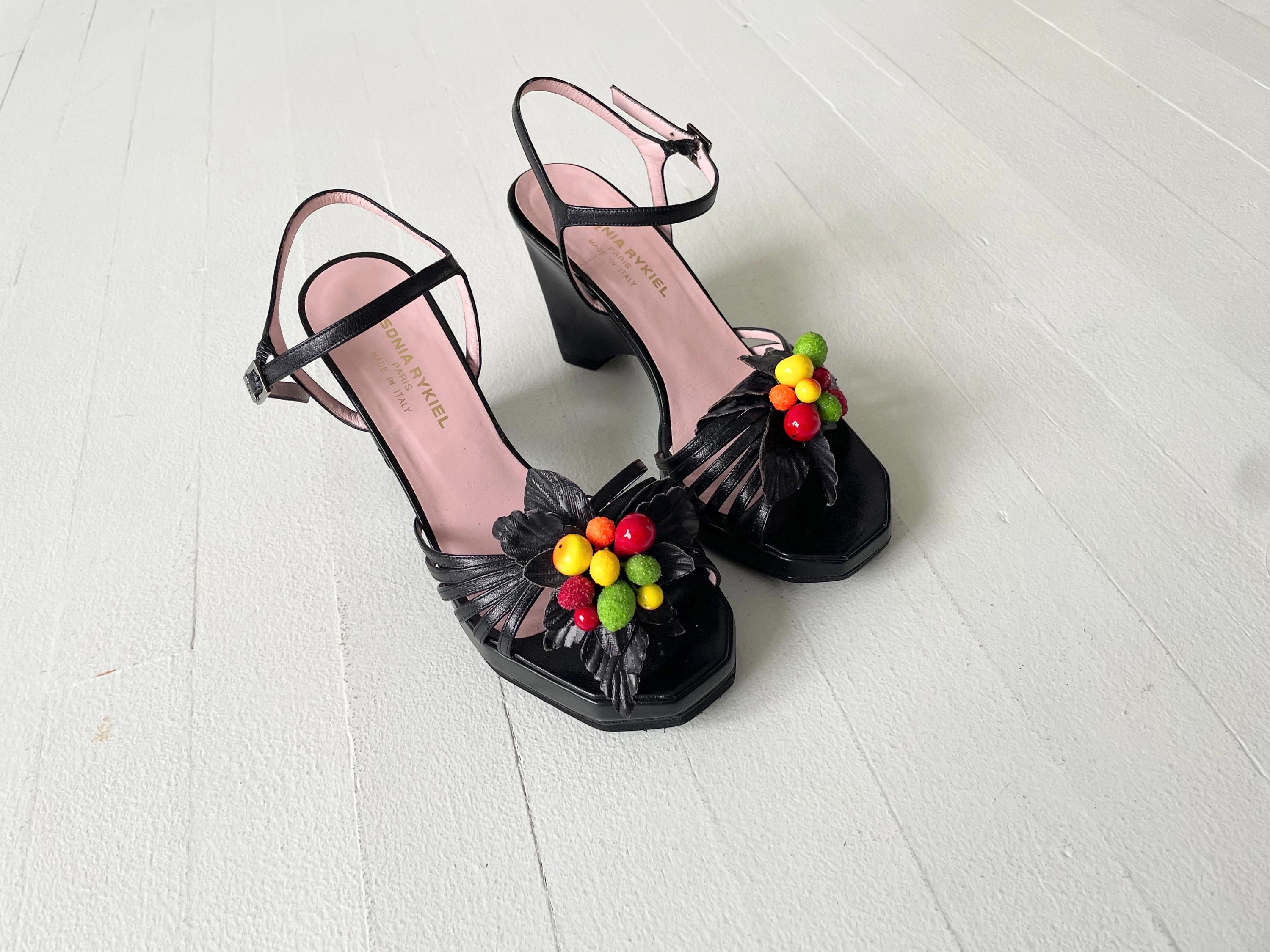 SONIA RYKIEL 3ピース 1990s Sonia Rykiel Mixed Fruit Black Leather Strappy Open