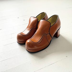 May include: A pair of brown leather platform shoes with a pointed toe and a chunky heel. The shoes have a single seam across the vamp and a small buckle on the side.