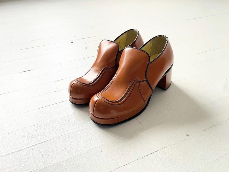 May include: A pair of brown leather platform shoes with a pointed toe and a chunky heel. The shoes have a single seam across the vamp and a small buckle on the side.