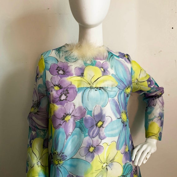 1960s Floral Print Marabou House Gown