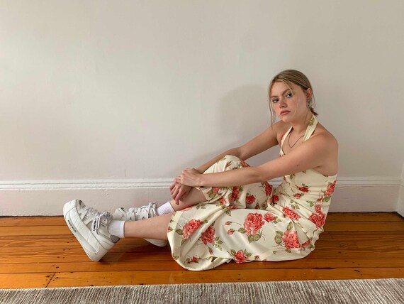 1970s Corky Craig Rose Print Maxi Dress