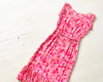 1950s Pink Floral Silk Chiffon Dress