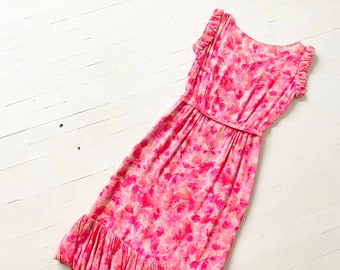 50er Jahre Rosa Blümchen Seiden-Chiffon-Kleid
