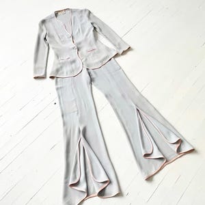 1970s Ossie Clark Ice Blue Crepe Suit – Pink-Trimmed Peplum Jacket and Ruffled Trousers, XS/S Vintage