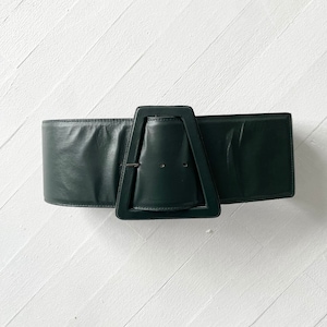 1980s Yves Saint Laurent Forest Green Leather Wide Trapezoid Belt