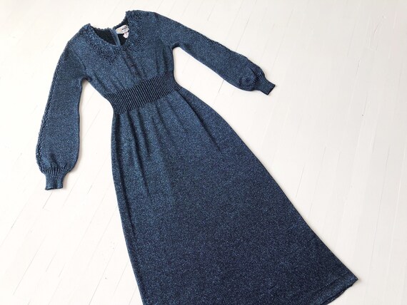 1970s Metallic Blue Knit Maxi Dress