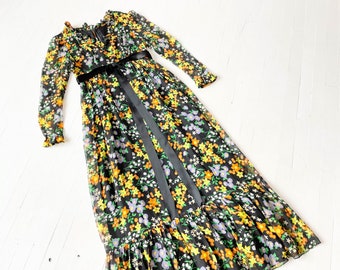 1960s Dark Floral Chiffon Maxi Dress