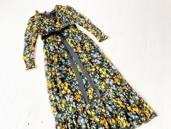 1960s Dark Floral Chiffon Maxi Dress - image 1