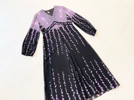 1970s Purple Floral Print Chiffon Dress - image 1