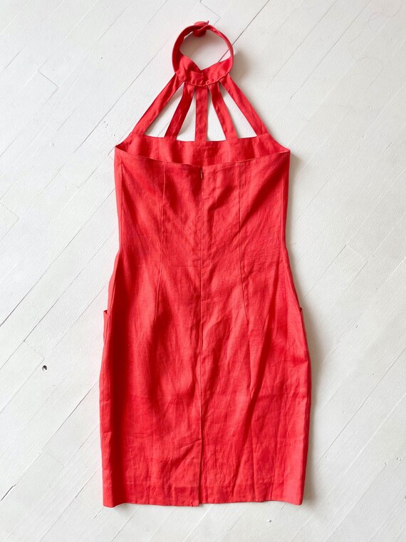 1980s Coral Linen Cage Neck Dress - image 4