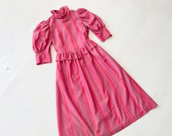 1980s Belle France Pink Striped Satin Prairie Dress with Peplum Waist