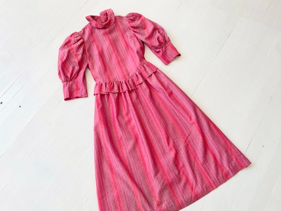 1980s Belle France Pink Striped Satin Prairie Dre… - image 1