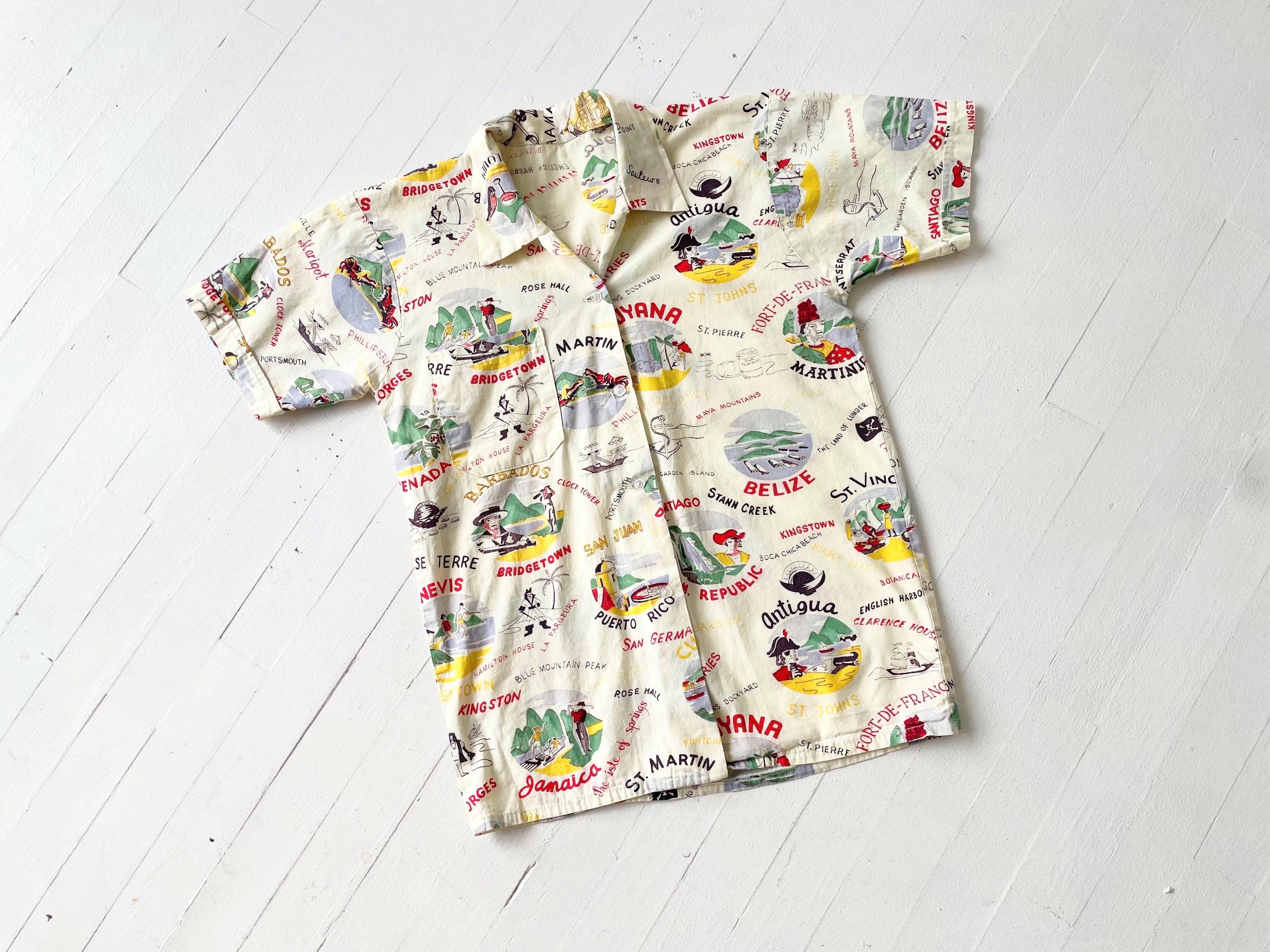 1950年代カリブ海のお土産シャツ - 島名プリントコットンブラウス、XS 