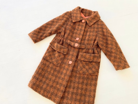 1960s Brown Check Bouclé Wool Coat - image 1
