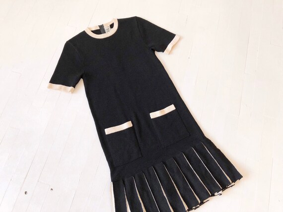 1980s Black + White Pleated Knit Dress
