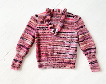 Vintage Striped Hand Knit Sweater with Ruffled Neckline