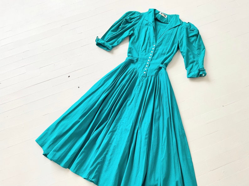 1980s Teal Blue Striped Prairie Dress image 6