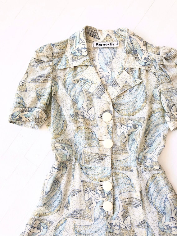 1970s Pointillist Deco Print Dress