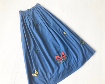 Vintage Chambray Embroidered Butterfly Maxi Skirt