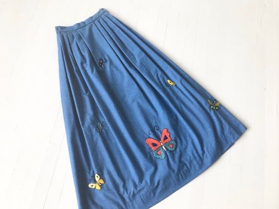 Vintage Chambray Embroidered Butterfly Maxi Skirt
