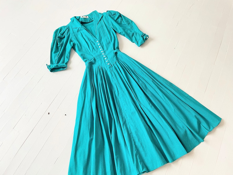 1980s Teal Blue Striped Prairie Dress image 1