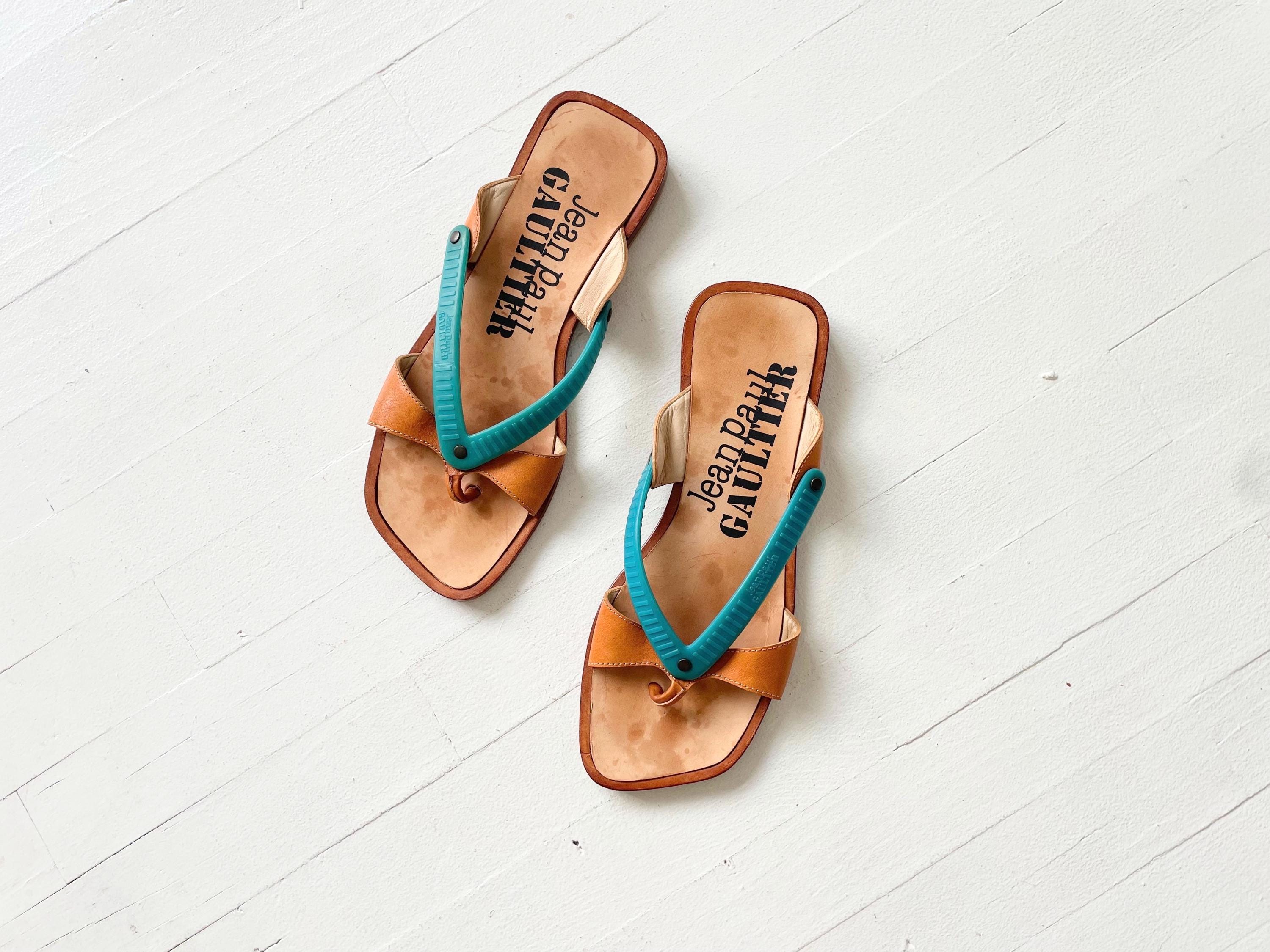 Vintage Jean Paul Gautier Blue Rubber and Brown Leather Thong Sandals Etsy