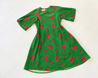 1960s Green Corduroy Rose Print Dress