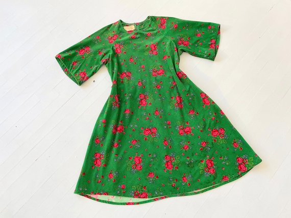 1960s Green Corduroy Rose Print Dress - Etsy Israel