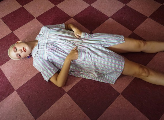 1950s Striped Eyelet Shirt Minidress / Smock Top