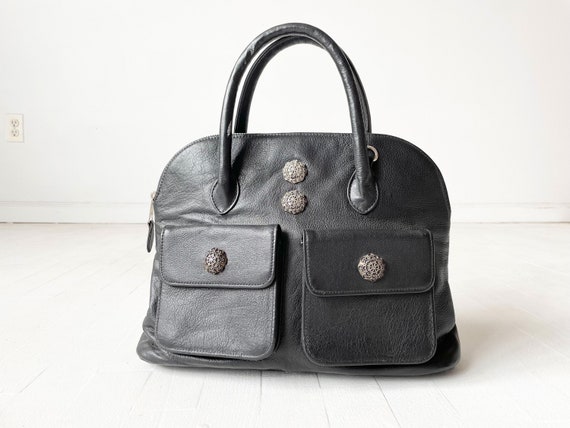 Vintage Black Leather Top Handle Bag With Pockets and Metal 