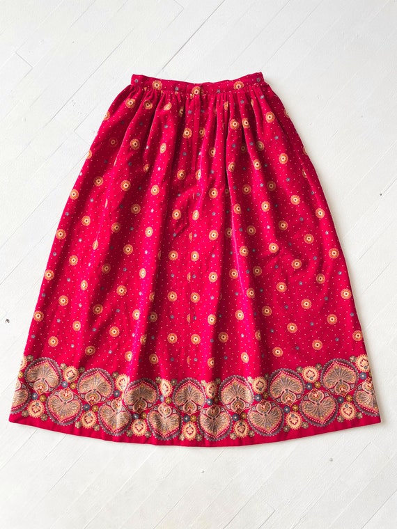 1970s Victor Costa Red Printed Velveteen Skirt - image 4