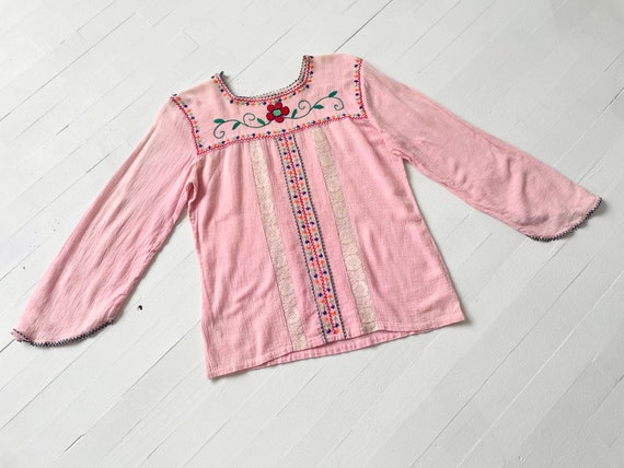 1970s Embroidered Pink Gauze Top - image 3