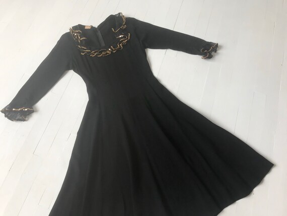 1930s Black Crepe Dress with Ruffled Gold Sequined
