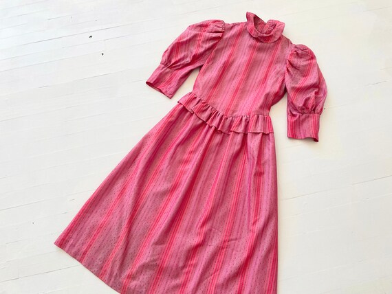 1980s Belle France Pink Striped Satin Prairie Dre… - image 8