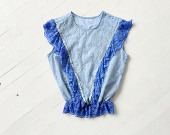 Vintage Ruffled Blue Lace Top