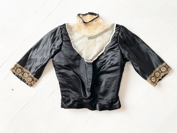 Antique Victorian Embroidered Black Silk Satin + Beaded Net Blouse