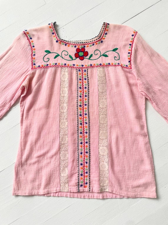 1970s Embroidered Pink Gauze Top - image 4